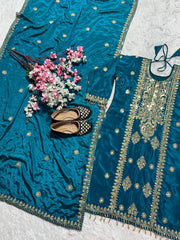 Festive Wear Embroidery Work Teal Blue Color Salwar Suit