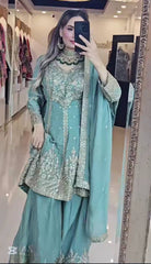Function Wear Sky Blue Color Heavy Work Sharara Suit