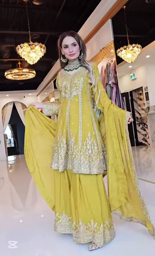 Function Wear Yellow Color Heavy Work Sharara Suit