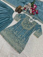 Function Wear Sky Blue Color Heavy Work Sharara Suit
