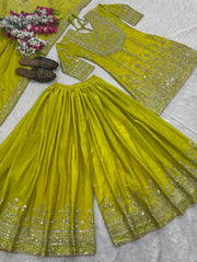 Function Wear Yellow Color Heavy Work Sharara Suit