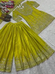 Function Wear Yellow Color Heavy Work Sharara Suit