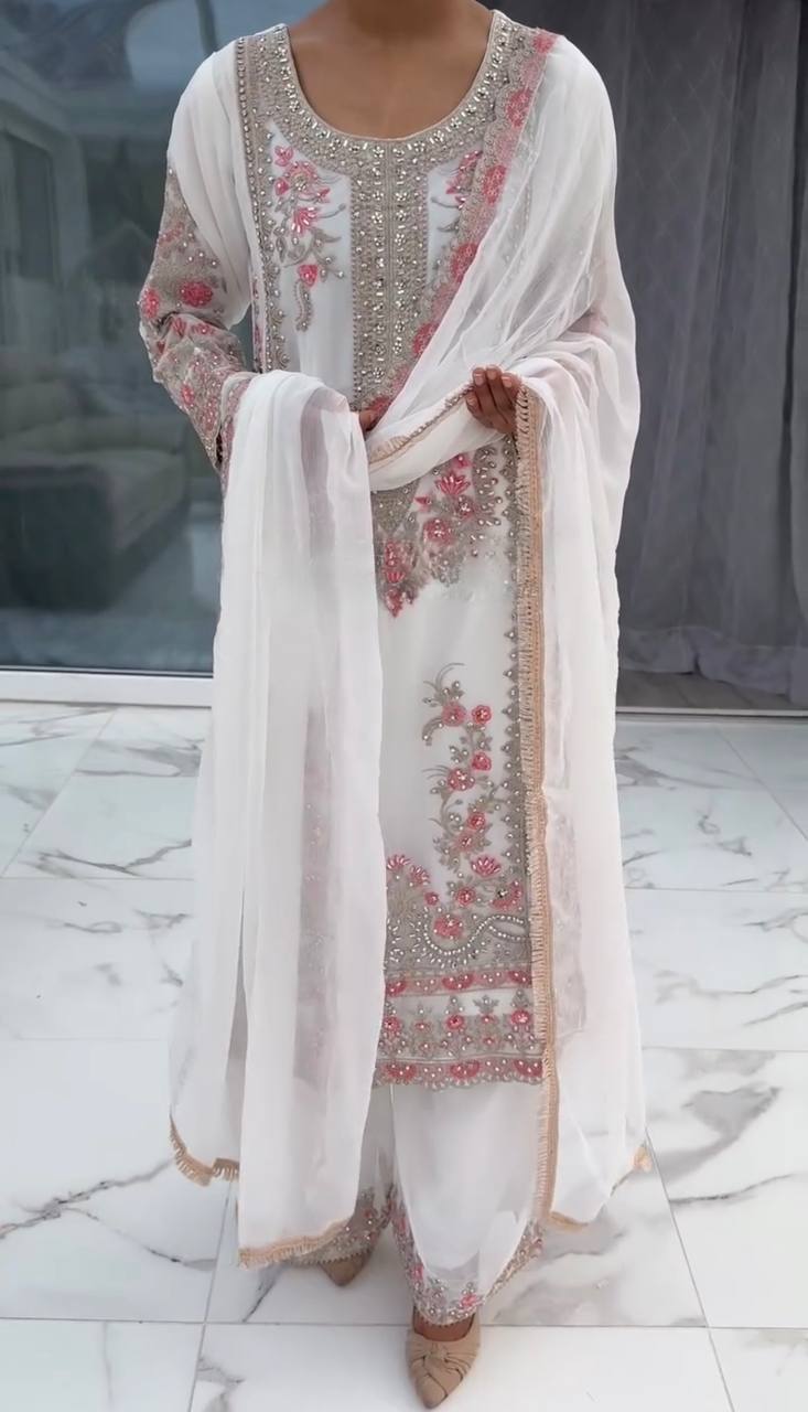 Unique Heavy Work White Color Palazzo Suit