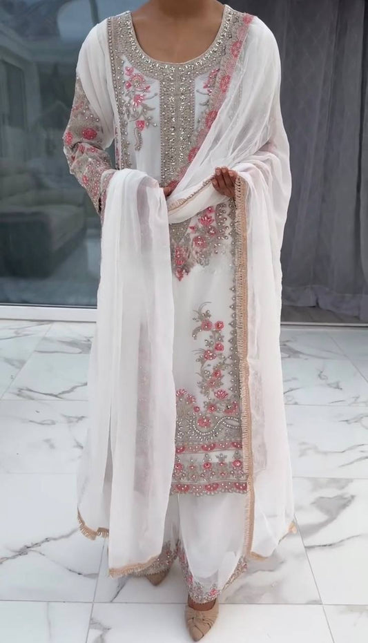 Unique Heavy Work White Color Palazzo Suit