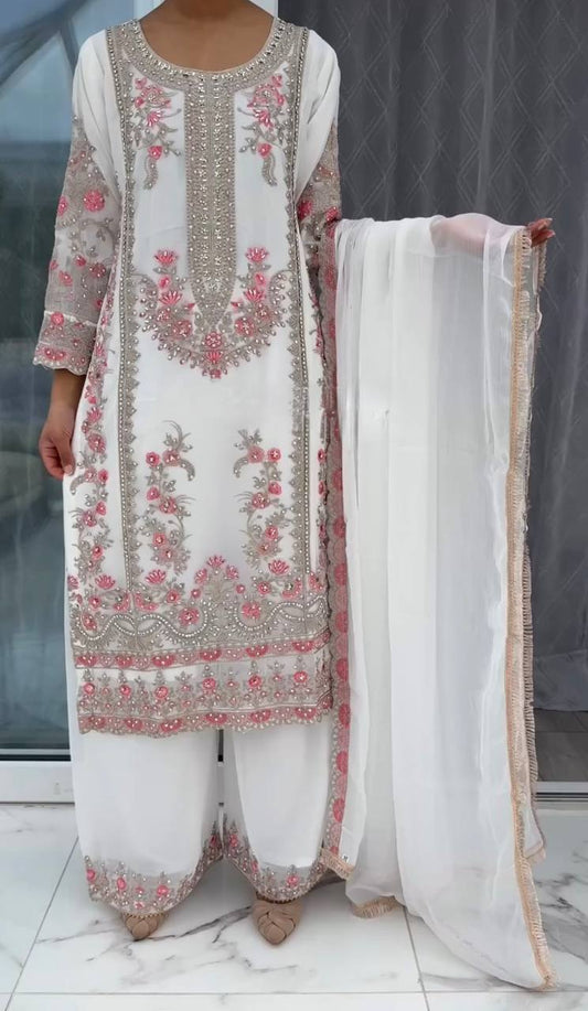 Unique Heavy Work White Color Palazzo Suit