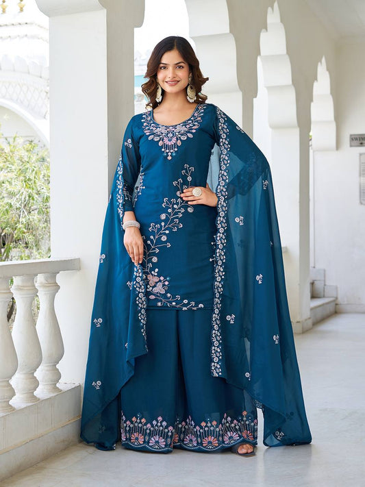 Captivating Embroidery Work Blue Color Palazzo Suit