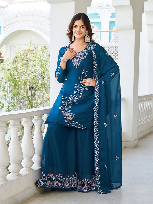 Captivating Embroidery Work Blue Color Palazzo Suit
