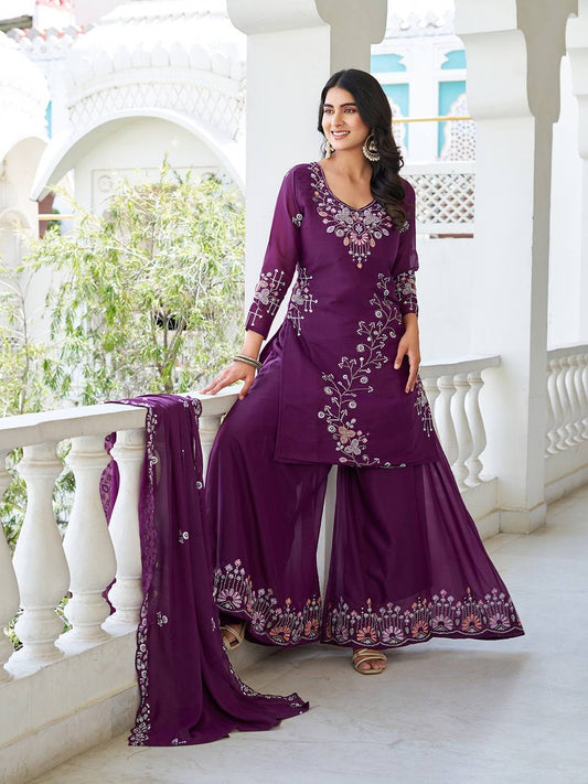 Captivating Embroidery Work Wine Color Palazzo Suit
