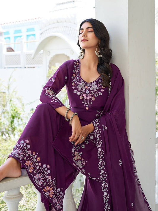 Captivating Embroidery Work Wine Color Palazzo Suit