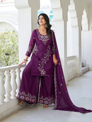Captivating Embroidery Work Wine Color Palazzo Suit