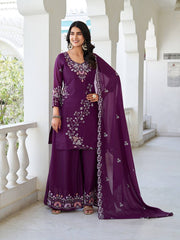 Captivating Embroidery Work Wine Color Palazzo Suit