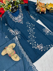 Captivating Embroidery Work Blue Color Palazzo Suit