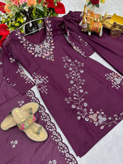 Captivating Embroidery Work Wine Color Palazzo Suit