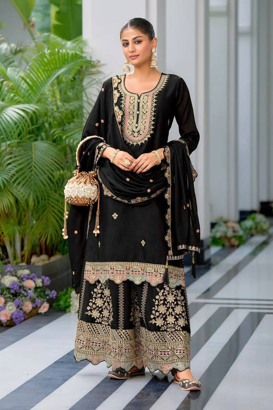 Ravishing Embroidery Work Black Color Sharara Suit