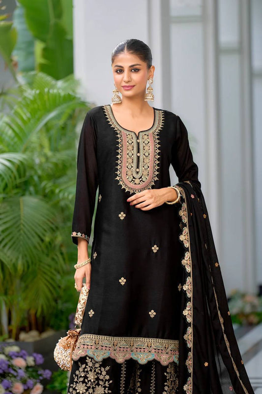 Ravishing Embroidery Work Black Color Sharara Suit