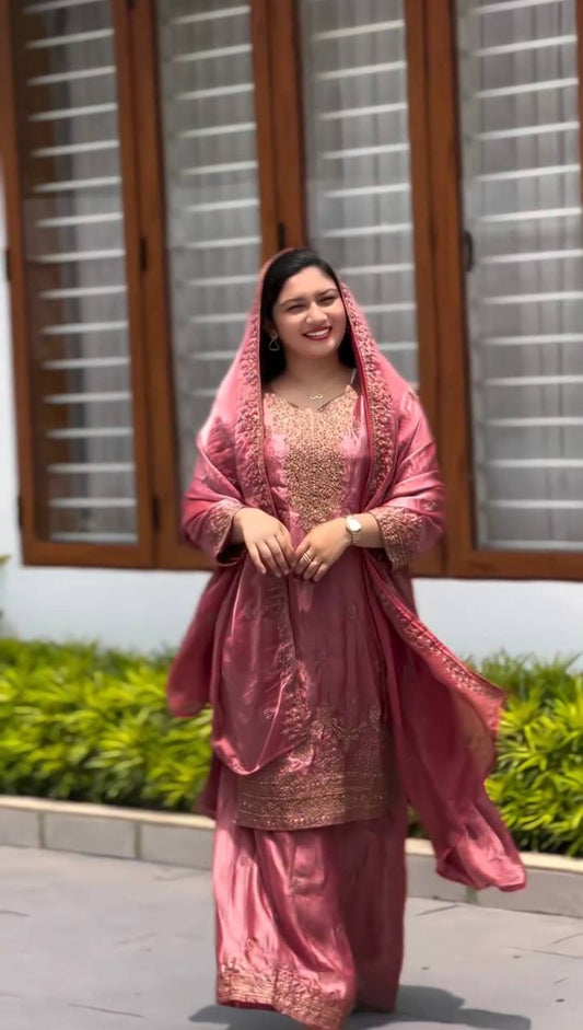 Charming Heavy Work Pink Color Palazzo Suit
