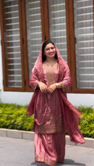 Charming Heavy Work Pink Color Palazzo Suit