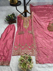 Charming Heavy Work Pink Color Palazzo Suit