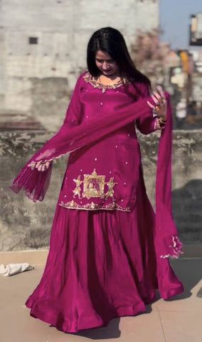Outstanding Embroidery Work Pink Color Top With Lehenga Choli