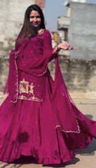 Outstanding Embroidery Work Pink Color Top With Lehenga Choli