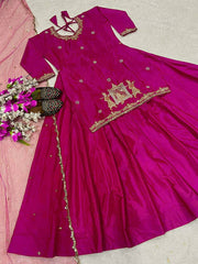 Outstanding Embroidery Work Pink Color Top With Lehenga Choli