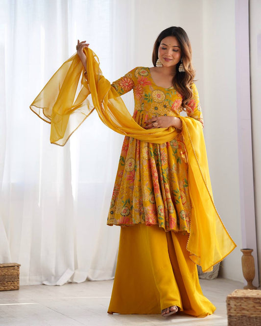 Unique Digital Print Yellow Color Palazzo Suit