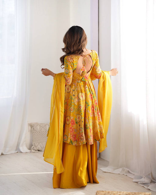 Unique Digital Print Yellow Color Palazzo Suit