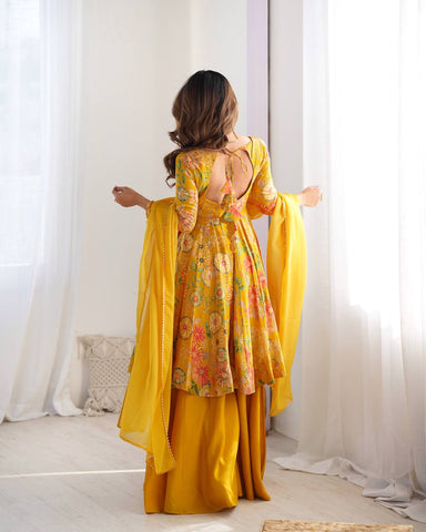 Unique Digital Print Yellow Color Palazzo Suit
