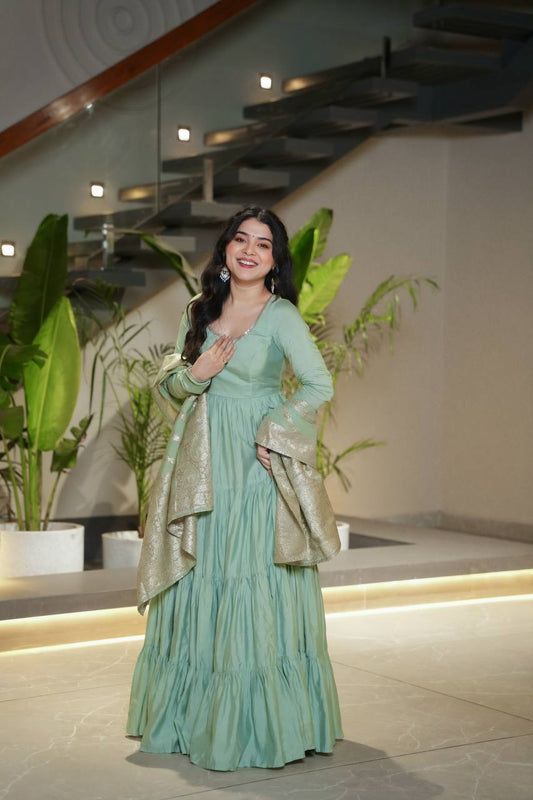 Festive Wear Pista Color Anarkali Gown