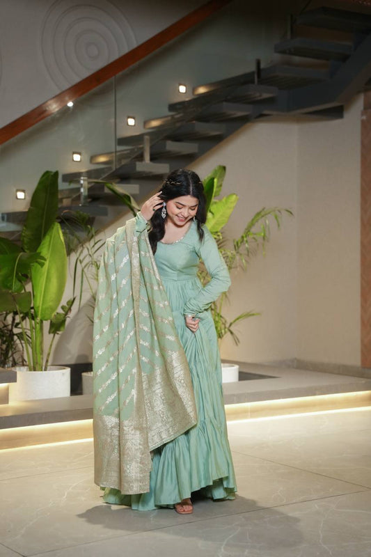 Festive Wear Pista Color Anarkali Gown