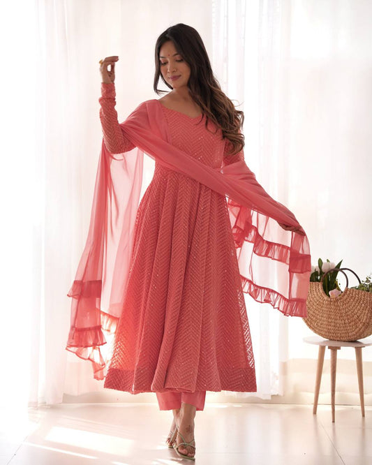 Awesome Sequence Work Peach Color Anarkali Suit
