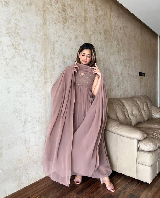 Precious Embroidery Work Light Pink Color Gown