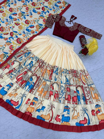 Flattering Multi Design With Off White Color Lehenga Choli