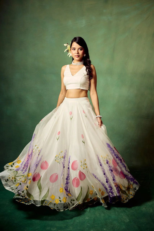 Beautiful Multi Flower Print White Color Silk Lehenga Choli