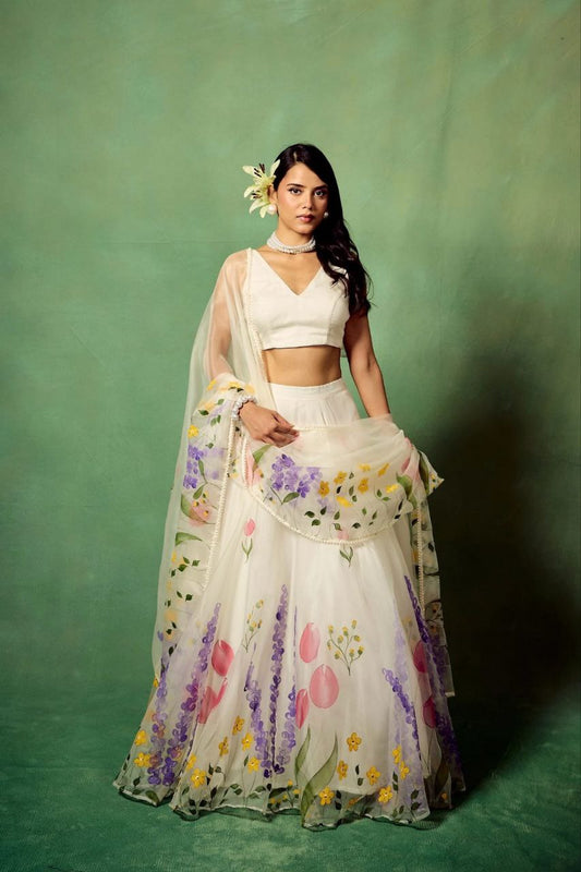 Beautiful Multi Flower Print White Color Silk Lehenga Choli