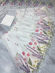Beautiful Multi Flower Print White Color Silk Lehenga Choli