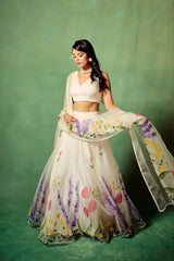 Beautiful Multi Flower Print White Color Silk Lehenga Choli