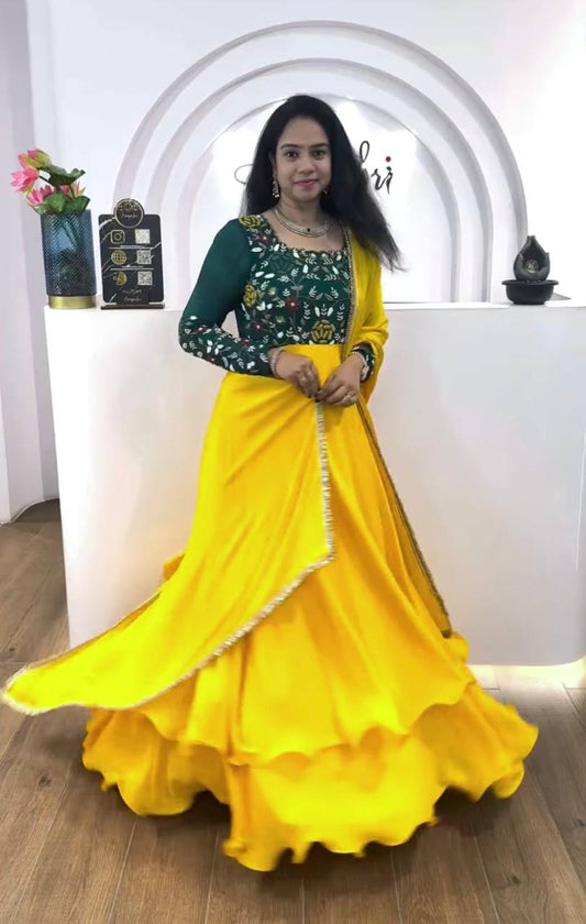 Haldi Wear Embroidery Work Yellow Color Anarkali Gown