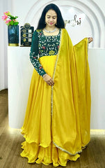 Haldi Wear Embroidery Work Yellow Color Anarkali Gown