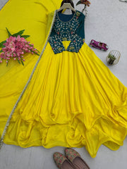 Haldi Wear Embroidery Work Yellow Color Anarkali Gown