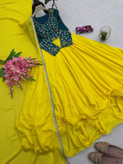 Haldi Wear Embroidery Work Yellow Color Anarkali Gown