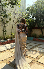 Party Wear Chiku Color Space Silk Saree With Heavy Blouse