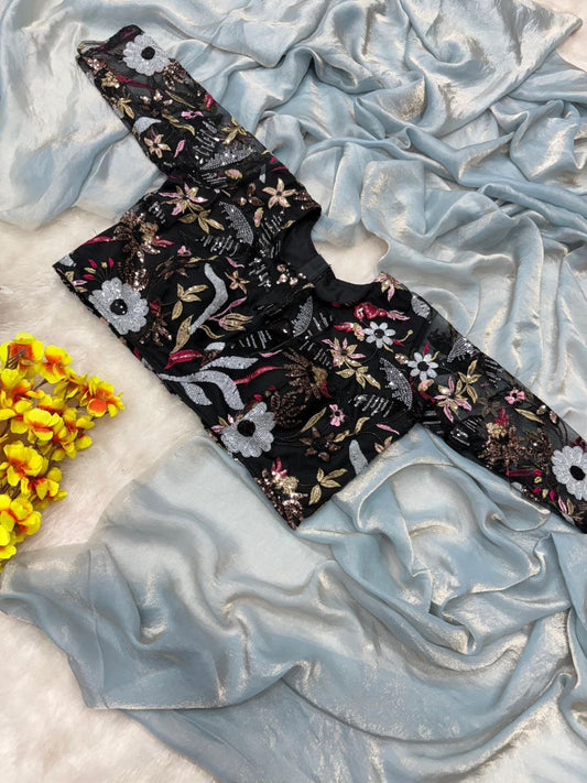 Party Wear Sky Blue Color Space Silk Saree With Heavy Blouse