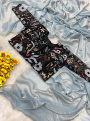 Party Wear Sky Blue Color Space Silk Saree With Heavy Blouse