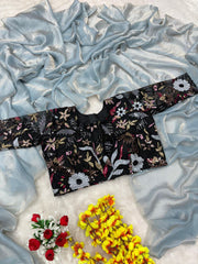 Party Wear Sky Blue Color Space Silk Saree With Heavy Blouse