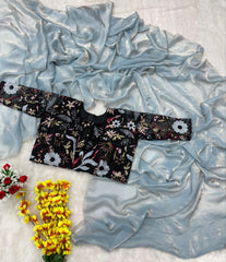 Party Wear Sky Blue Color Space Silk Saree With Heavy Blouse