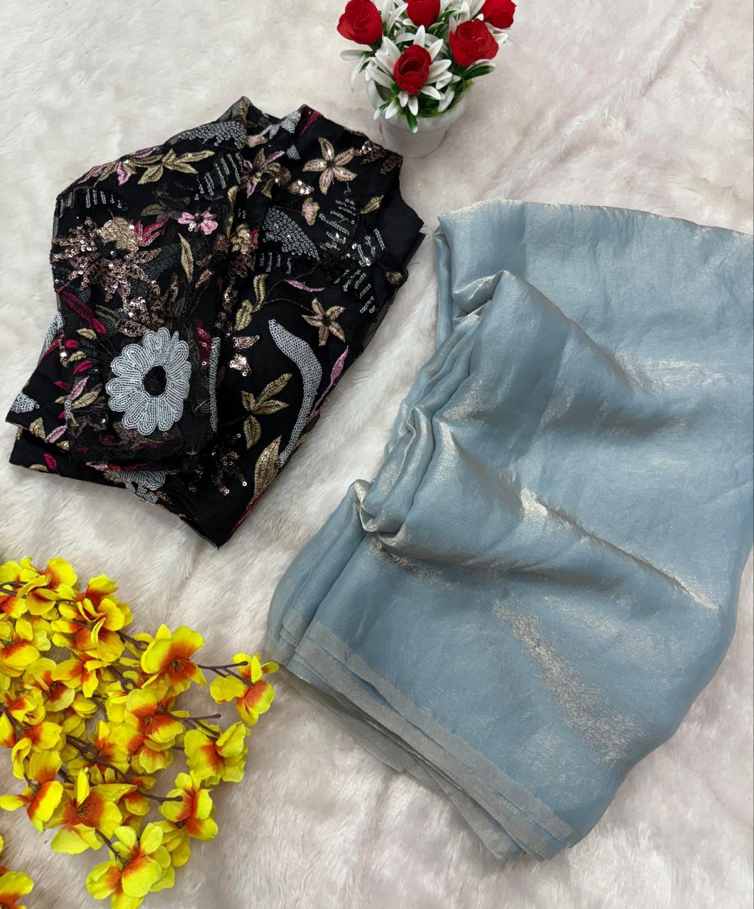 Party Wear Sky Blue Color Space Silk Saree With Heavy Blouse