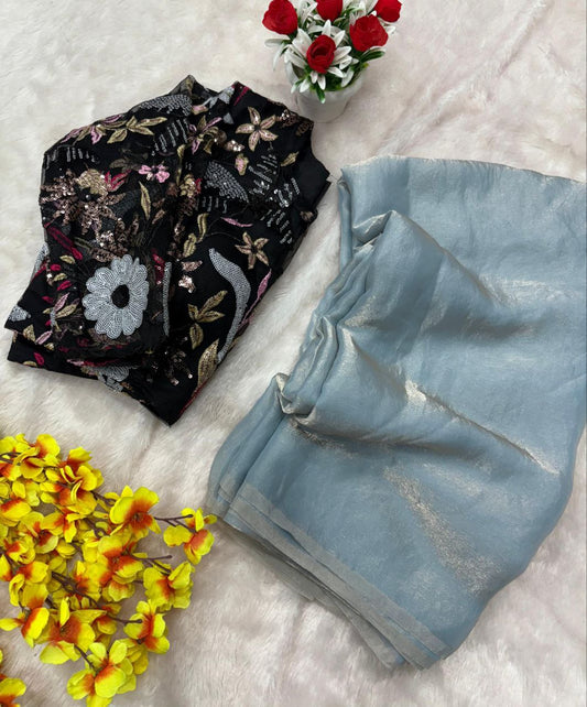 Party Wear Sky Blue Color Space Silk Saree With Heavy Blouse