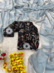 Party Wear Sky Blue Color Space Silk Saree With Heavy Blouse