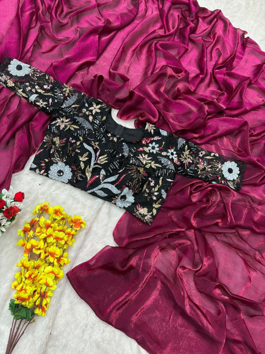 Party Wear Wine Color Space Silk Saree With Heavy Blouse